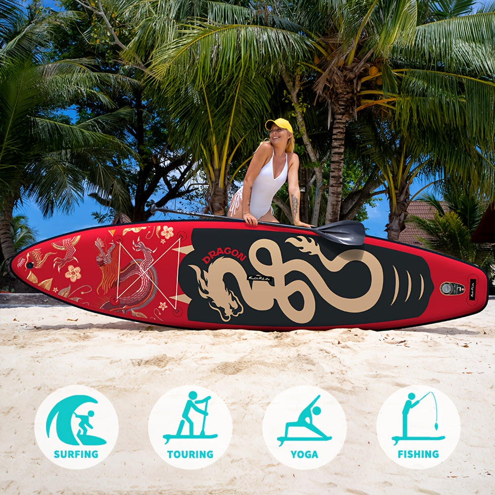 Paddleboard – SUP Board – Opblaasbaar Board – Stand Up Paddle – Watersportboard – Rood Draak Design – 350x84x15 cm – Duurzaam PVC