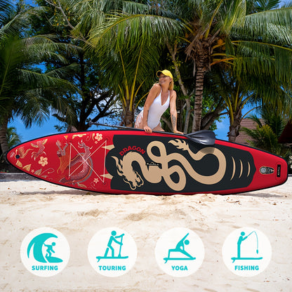 Paddleboard – SUP Board – Opblaasbaar Board – Stand Up Paddle – Watersportboard – Rood Draak Design – 350x84x15 cm – Duurzaam PVC