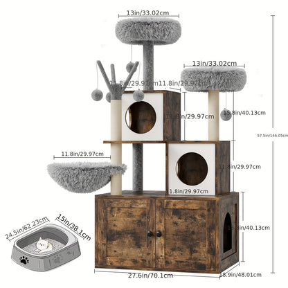 3-in-1 Kattenmeubel – Krabpaal – Kattenboom – Kattenhuis – Kattenmand – Verborgen Kattenbak – Zacht Pluche Bed – Compact Ruimtebesparend Design