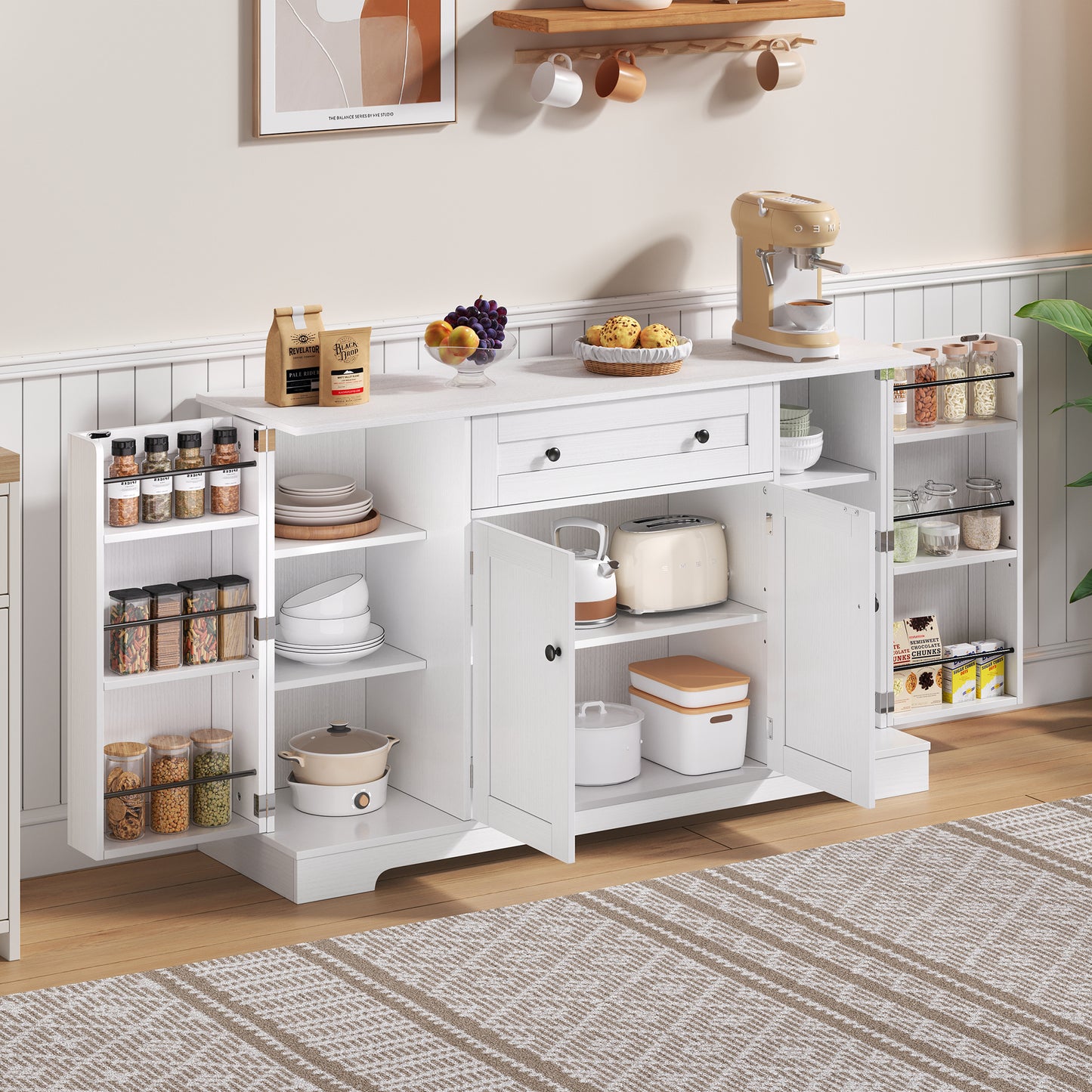 Buffetkast – Opbergkast – Dressoir – Keukenkast – Kast Met Lade – 138 Cm Breed – Kantelbeveiliging – Verstelbare Planken – Wit