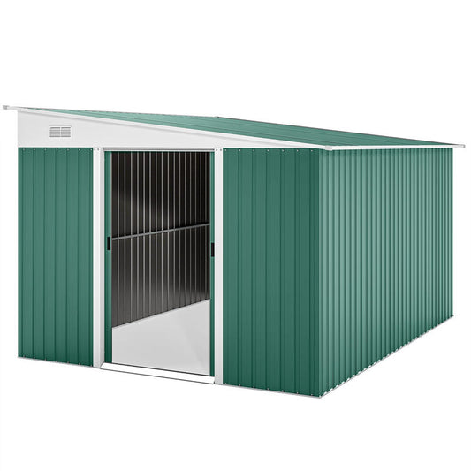 Large Lockable Double Door Metal Tool Shed with Sloping Roof - Heavy-Duty Steel Construction, Removable Panels for Easy Assembly, Spacious 2.8x3.45x2.01m Storage Unit, GreenBrown - Ideal for Garden, Workshop, Construction Site - Durable Outdoor Stor
