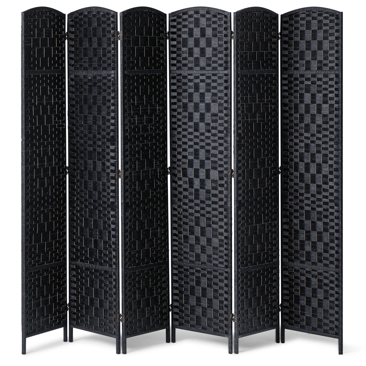 Kamerverdeler – Ruimteverdeler – Scheidingswand – Privacy Scherm – 6 Panelen – Paulownia Hout – Handgeweven Rattan – 360° Draaibaar – Zwart
