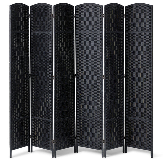 Kamerverdeler – Ruimteverdeler – Scheidingswand – Privacy Scherm – 6 Panelen – Paulownia Hout – Handgeweven Rattan – 360° Draaibaar – Zwart
