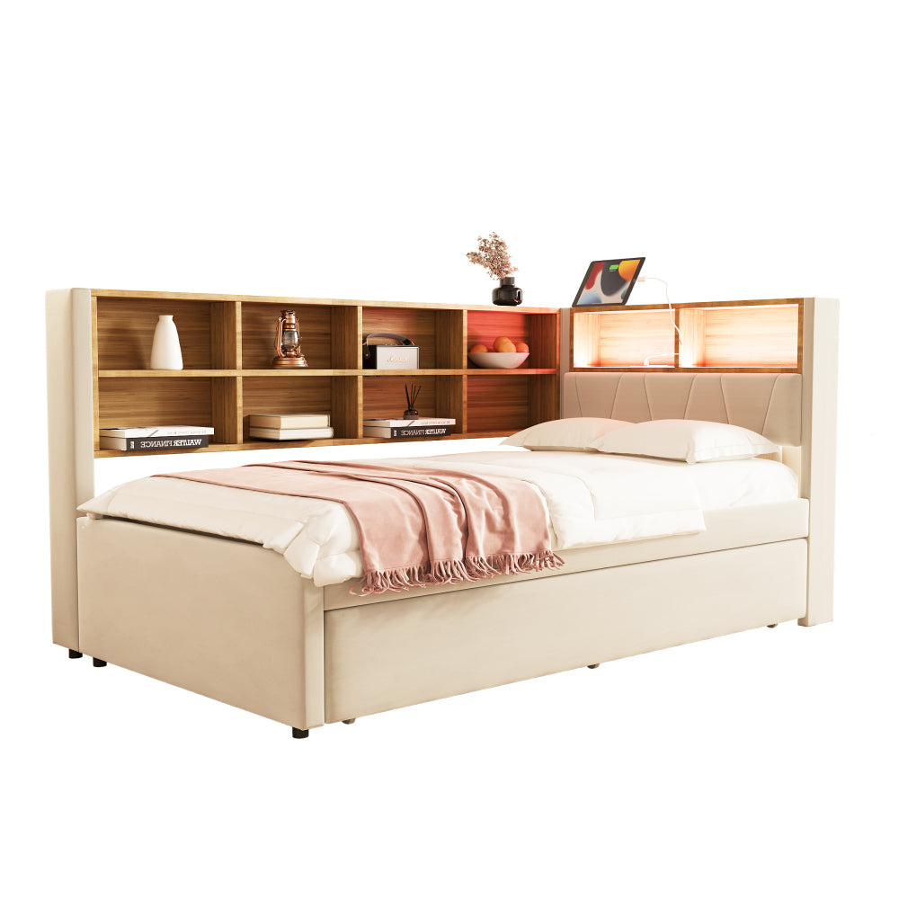 Sofa Bed 90x200, Pull-out Bed 90x190, Equipped with Multiple Storage Compartments, Upholstered Bed, Multi-functional Sofa Bed, Single Bed, Flannel, Beige.