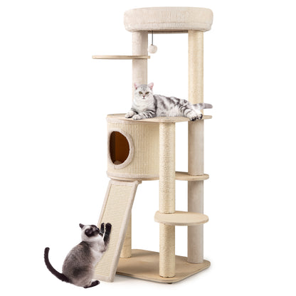 Krabpaal – Kattenboom – Kattenhuis – Kattentoren – Krabmeubel – Houten Krabpaal 143 cm – Sisal Krabpalen en Ladder – Wasbaar Kussen & Hangend Speeltje