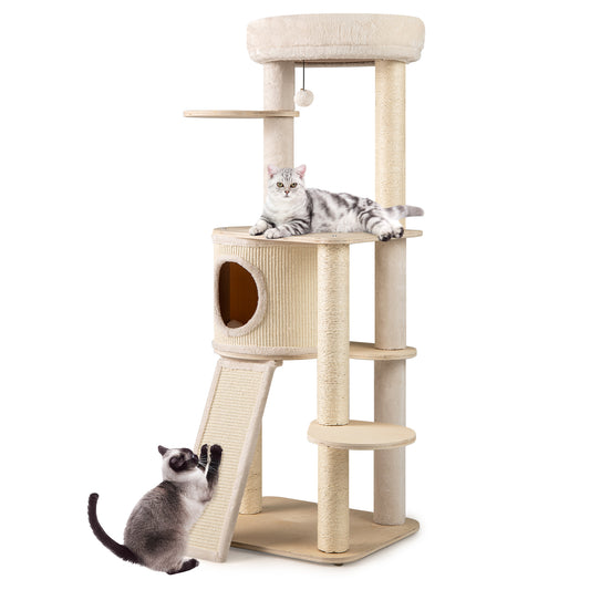 Krabpaal – Kattenboom – Kattenhuis – Kattentoren – Krabmeubel – Houten Krabpaal 143 cm – Sisal Krabpalen en Ladder – Wasbaar Kussen & Hangend Speeltje