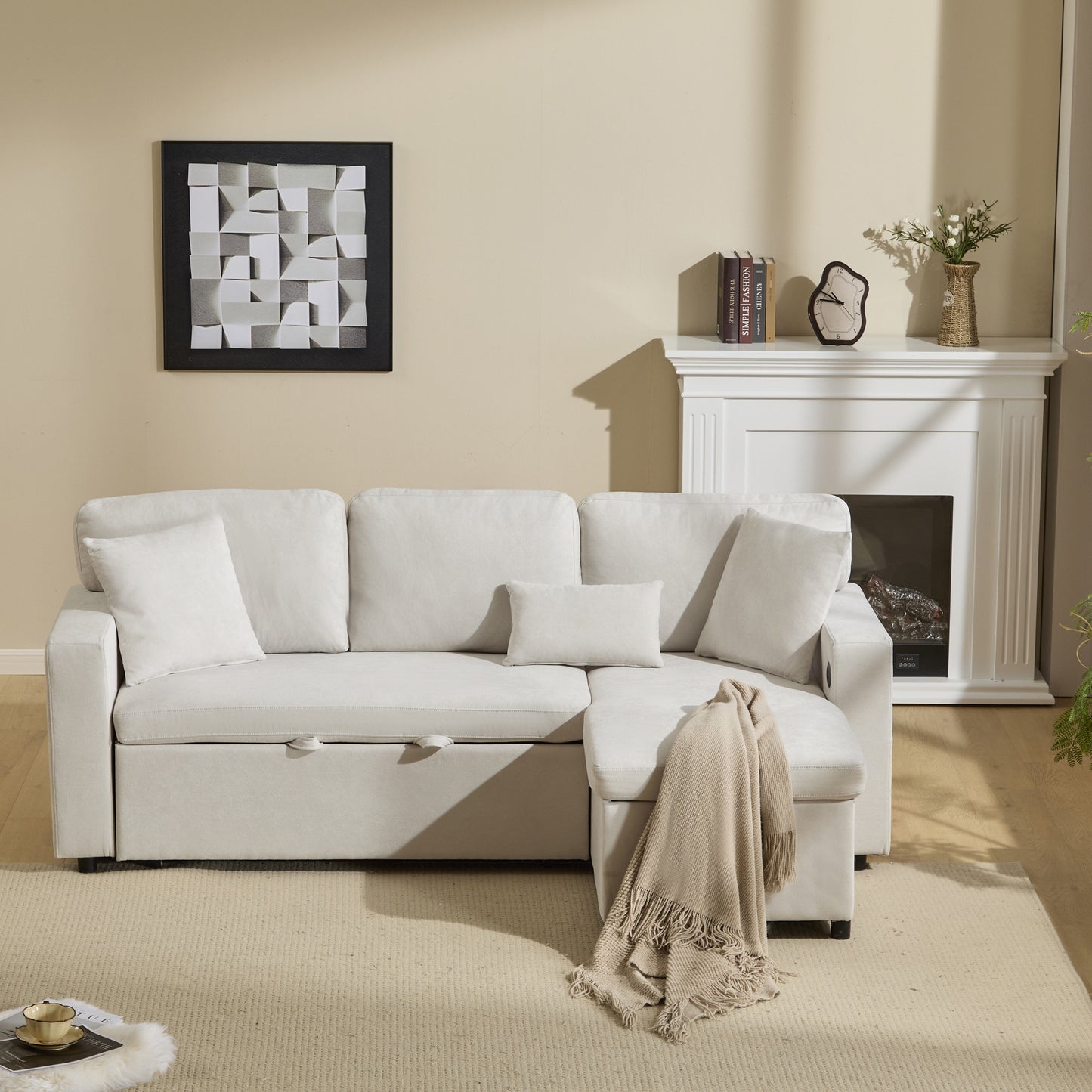 Hoekbankbed – Slaapbank – L-vormige Bank – Bedbank – Slaapbankbed – Lichtbeige Linnen – Opbergruimte – Compact & Comfortabel