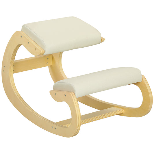 Wipstoel met Kniesteun – Schommelstoel – Relaxstoel – Lounge Stoel – Armstoel – Linnenlook Stof – Berkenhouten Frame – Beweeglijke Wipfunctie – Ergonomische Knieondersteuning – Crème
