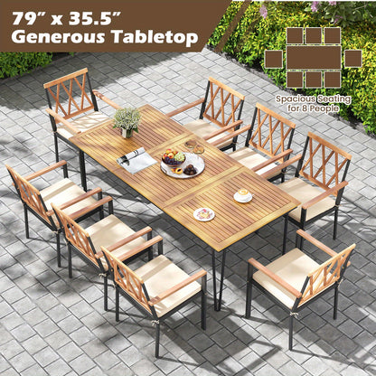 Tuinset – Tuinmeubel – Diningset – Bistroset – Loungeset – 8-Persoons Rechthoekige Tuintafel – Acaciahouten Tafelblad – Robuust Metalen Onderstel – Inclusief Parasolgat – Weerbestendig & Duurzaam