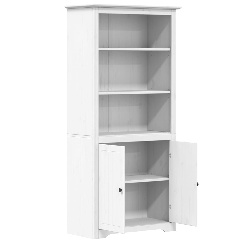 boekenkast – boekenrek – opbergkast – wandkast – vakkenkast – massief dennenhout – 3 open planken met 2 deuren – wit Frans design