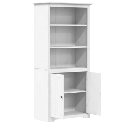 boekenkast – boekenrek – opbergkast – wandkast – vakkenkast – massief dennenhout – 3 open planken met 2 deuren – wit Frans design