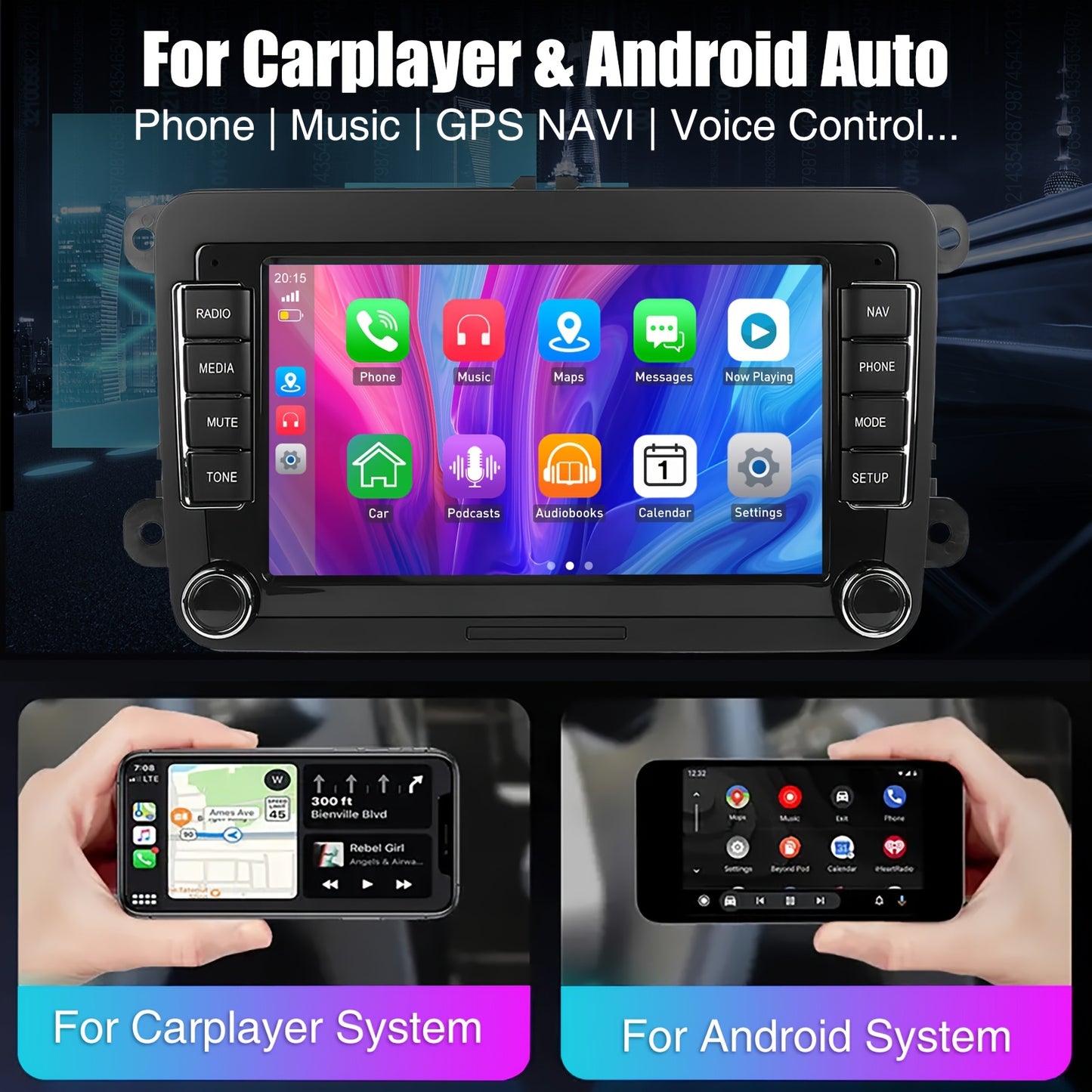 Android 15 Autostereo – Multimedia Systeem – Autoradio – Navigatie – Touchscreen Radio – 7 Inch HD IPS Scherm – 4GB RAM + 64GB Opslag – Draadloze Android Auto en CarPlay – Stuurwielbediening Compatible VW/Seat/Skoda