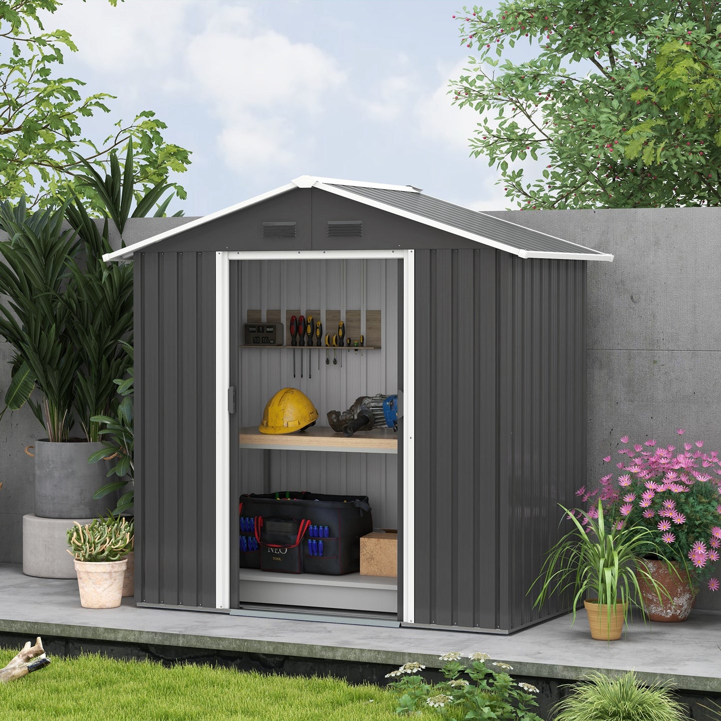 Metalen Tuinschuur – Tuinberging – Tuingereedschap Opslag – Tuinbox – Buitenopslag – 2,1 m² Ruimte – Ventilatie Met 4 Openingen – Dubbele Schuifdeuren Met Slot – Donkergrijs