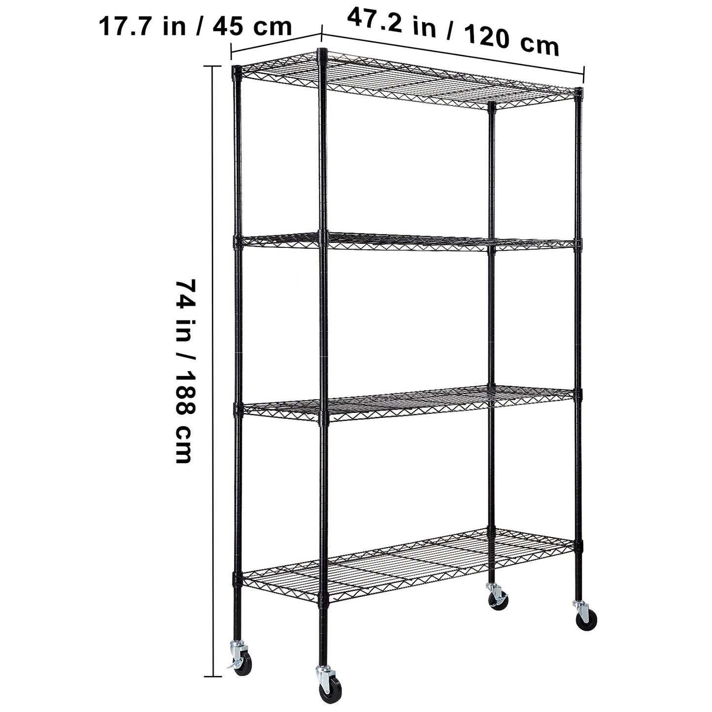 VEVOR Storage Shelving Unit with Wheels, 4-Tier Adjustable, 700 lbs Capacity, Heavy Duty Garage Shelves Metal Organizer Wire Rack, Black, 47.2" L x 17.7" W x 74" H for Kitchen Pantry Basement Bathroom