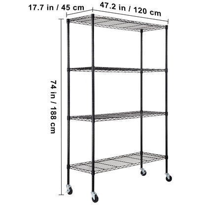 VEVOR Storage Shelving Unit with Wheels, 4-Tier Adjustable, 700 lbs Capacity, Heavy Duty Garage Shelves Metal Organizer Wire Rack, Black, 47.2" L x 17.7" W x 74" H for Kitchen Pantry Basement Bathroom