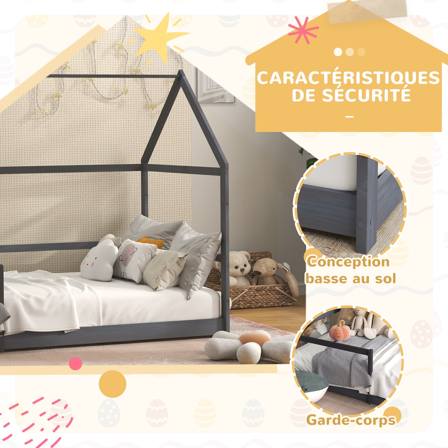 AIYAPLAY Children'S Cabin Bed 90X190 Cm Children'S Bed Children'S House in Wood with Anti-Fall Protection, Slatted Base And Roof Included, Dim. 196L X 97.5L X 135H Cm Grey