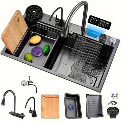 Keukenspoelbak – RVS Spoelbak – Wasbak – Spoelbak Met Kraan – Multifunctionele Spoelbak – 80x45 cm – Digitaal Display – Inclusief Snijplank