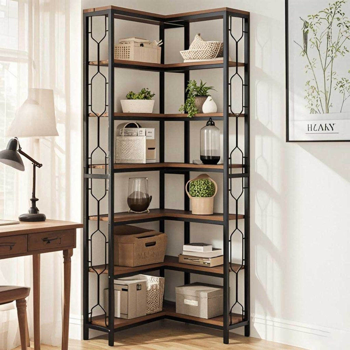 Hoekplank – Hoekrek – Boekenkast – Wandplank – Opbergkast – 7 Schappen – Hardhouten Frame Met Metalen Accenten – Eenvoudige Montage