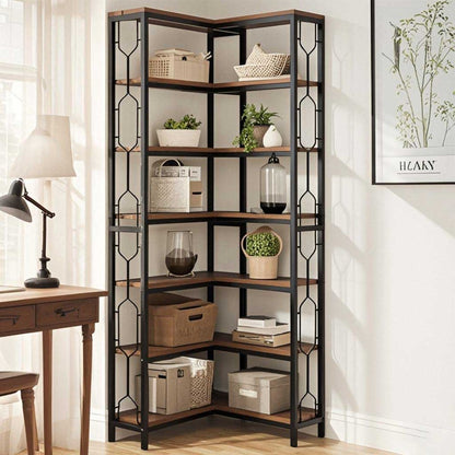 Hoekplank – Hoekrek – Boekenkast – Wandplank – Opbergkast – 7 Schappen – Hardhouten Frame Met Metalen Accenten – Eenvoudige Montage