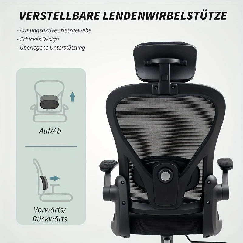 Ergonomic Office & Gaming Chair with Adjustable Lumbar Support, Breathable Mesh Backrest, Height-Adjustable Armrests (Foldable), 95°-110° Reclining Mechanism, Memory Foam Seat Cushion & Five-Wheel Base - Heavy-Duty Hardwood