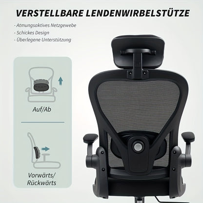 Ergonomic Office & Gaming Chair with Adjustable Lumbar Support, Breathable Mesh Backrest, Height-Adjustable Armrests (Foldable), 95°-110° Reclining Mechanism, Memory Foam Seat Cushion & Five-Wheel Base - Heavy-Duty Hardwood