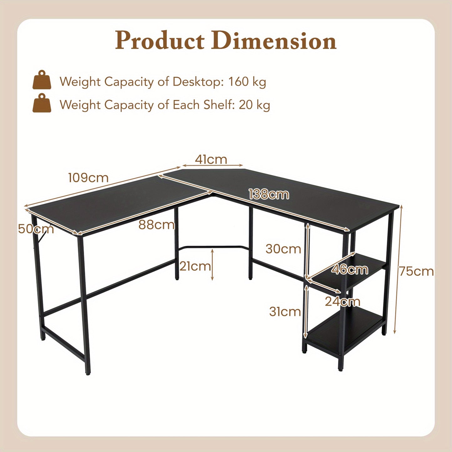 L-vormig Bureau – Hoekbureau – Werkplek Bureau – Gaming Bureau – Studiebureau – Zwart – Ruim Tafelblad 138x50 cm – Stevig Carbon Staal Frame