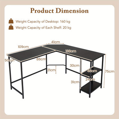 L-vormig Bureau – Hoekbureau – Werkplek Bureau – Gaming Bureau – Studiebureau – Zwart – Ruim Tafelblad 138x50 cm – Stevig Carbon Staal Frame