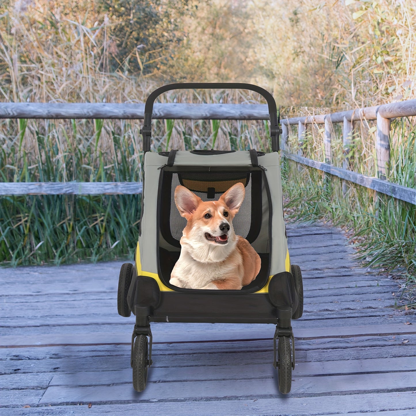Pet Travel Stroller: Dog Stroller Pet Jogger Wagon Travel One-key Folding with 4 Heavy Wheels, Adjustable Handle for Small Dogs and Cats, Rear Brake, Security Leash
