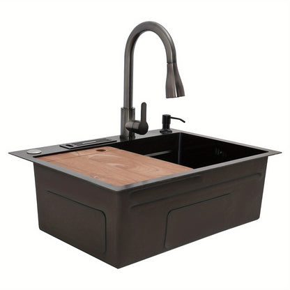 OUKANING Kitchen Sink with 360° Rotatable Pull-out Faucet, Stainless Steel Sink with Chopping Board & Soap Dispenser, Stainless Steel Sink Set, for Home/ Hotel/ Restaurant/ Bar