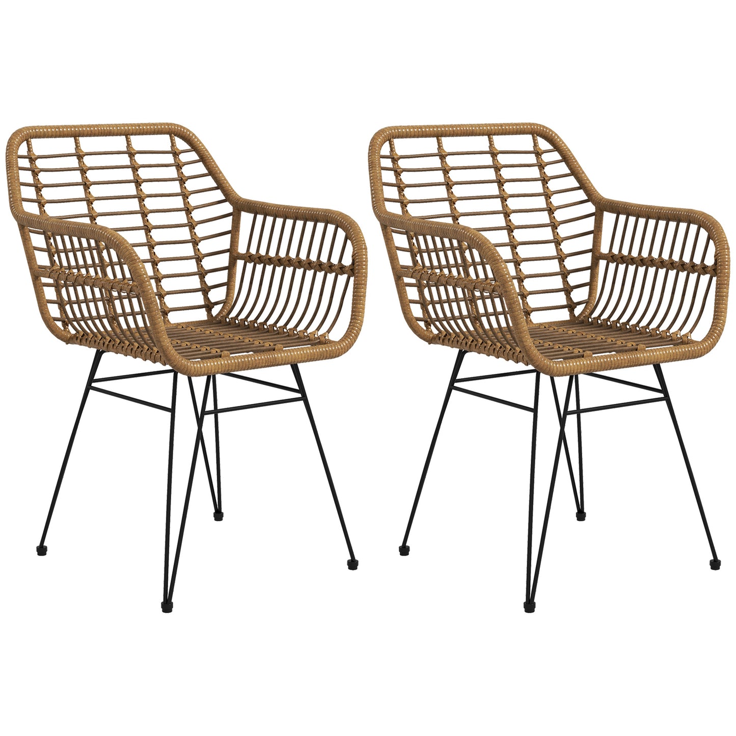 Eetkamerstoelen – Keukenstoelen – Stoelen Set – Woonkamerstoelen – Balkonstoelen – Lichtbruin Polyrattan – Zwarte Stalen Poten – Ergonomisch Design – Anti-slip Voetendoppen