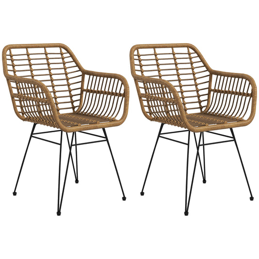 Eetkamerstoelen – Keukenstoelen – Stoelen Set – Woonkamerstoelen – Balkonstoelen – Lichtbruin Polyrattan – Zwarte Stalen Poten – Ergonomisch Design – Anti-slip Voetendoppen