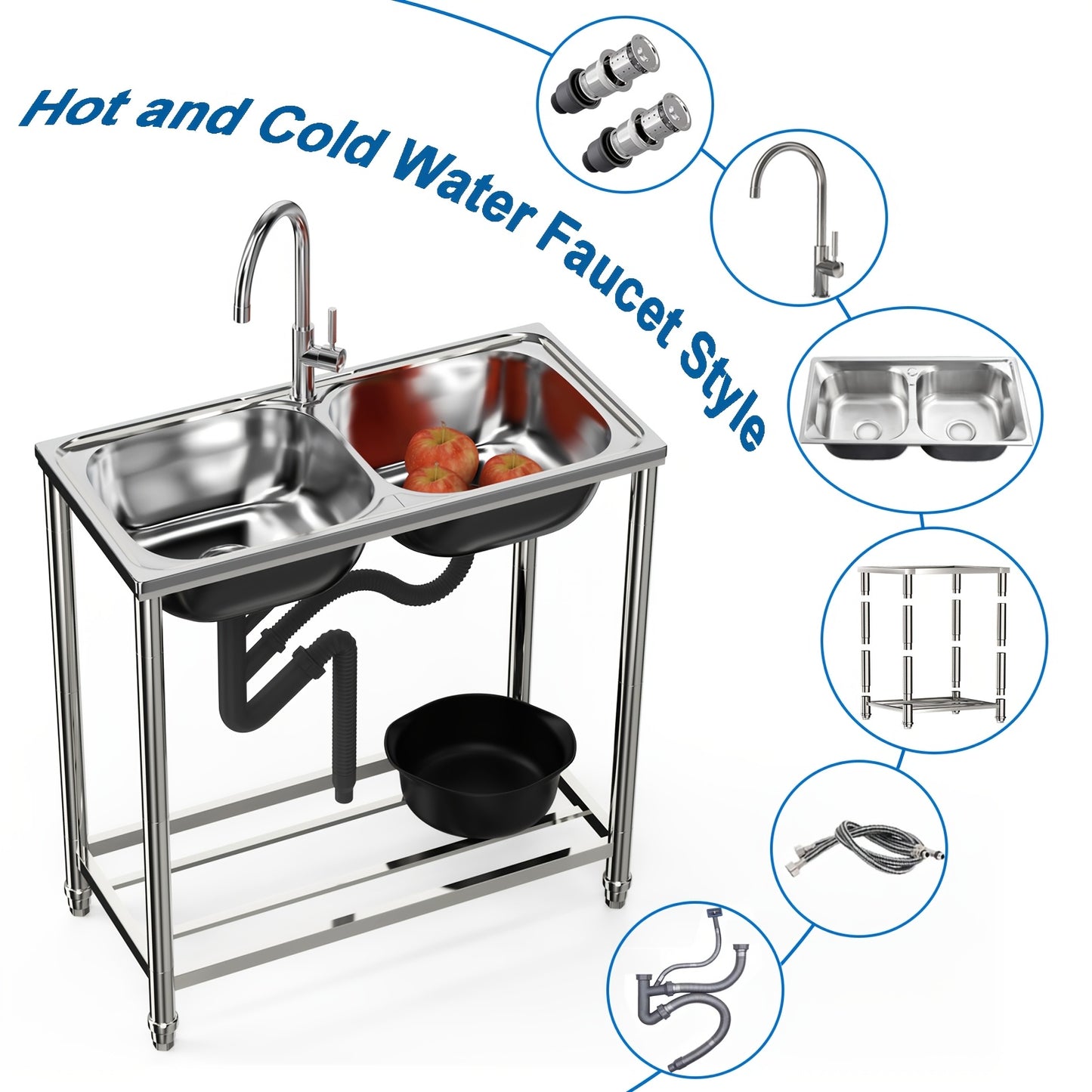 Double sink stainless steel sink with 2 basins, standalone kitchen sink with hot and cold water faucet and drainage kit, suitable for garden and camping