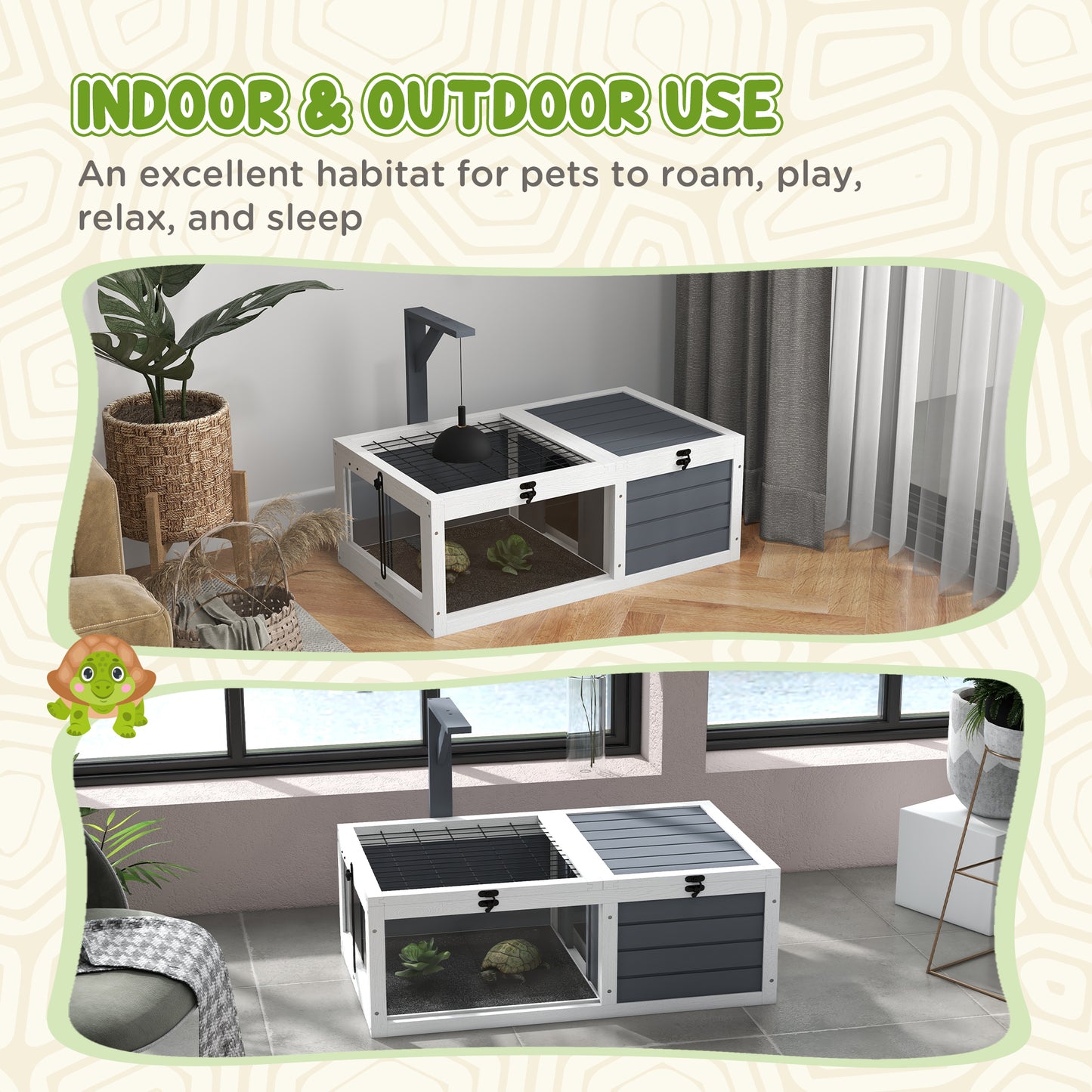 Schildpaddenshuisje – Dierenhok – Reptielenverblijf – Terrarium – Schildpaddenverblijf – Dubbele Leefruimte – Duurzaam Grijs Hout 81x48x31,5 cm