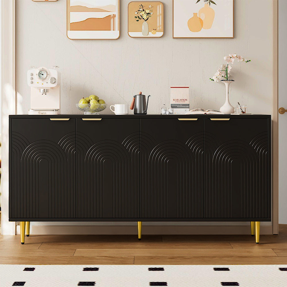 Dressoir – Dressoirkast – Opbergkast – Kast – Ladekast – Modern Design – Zwart MDF Met Hardhouten Afwerking – 160x80x40 cm – Vier Deuren Met Gouden Handgrepen