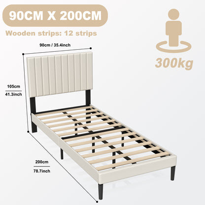 Upholstered Bed Frame with Headboard and Slatted Base, Sturdy Metal Platform, Mattress Foundation, Black/Beige