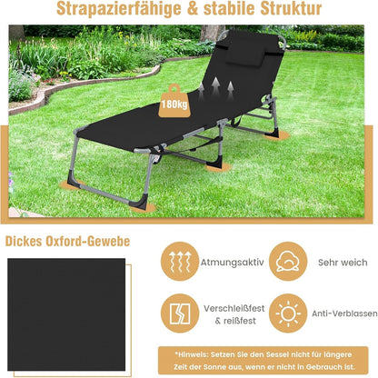 Zonnebed – Ligstoel – Tuinbed – Strandstoel – Relaxstoel – Verstelbare Rugleuning en Voetsteun – Afneembare Kussen en Zwart Design