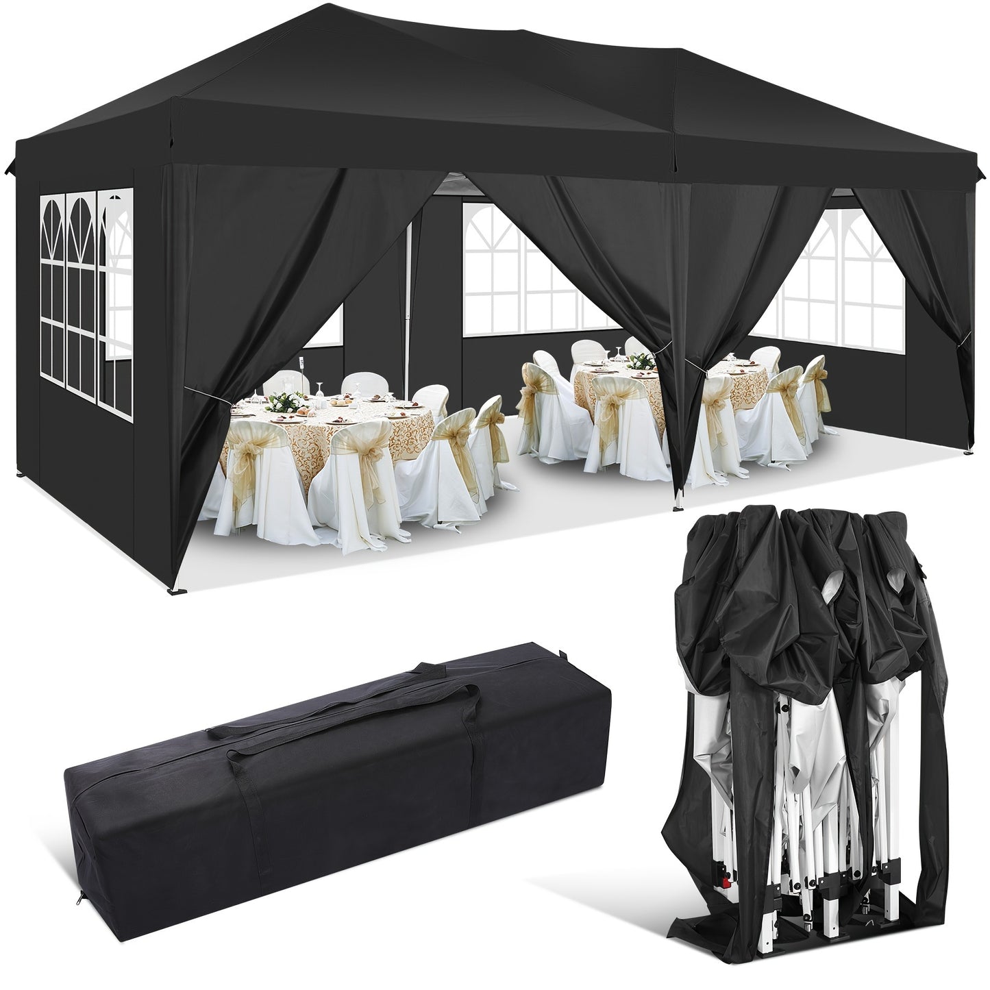 Partytent – Tuinpaviljoen – Paviljoen – Stretchtent – Vouwtent – 3x6 m – Waterdicht Met 6 Zijwanden – UV Bescherming – Stevig Opvouwbaar Frame - Zwart