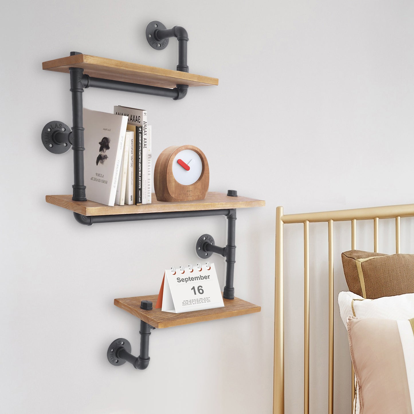 3-laags Wandrek – Muurrek – Plank – Wandplank – Opbergrek – Zwart Bruin Dennehout en Staal – Stevige Constructie en Ruime Opbergruimte