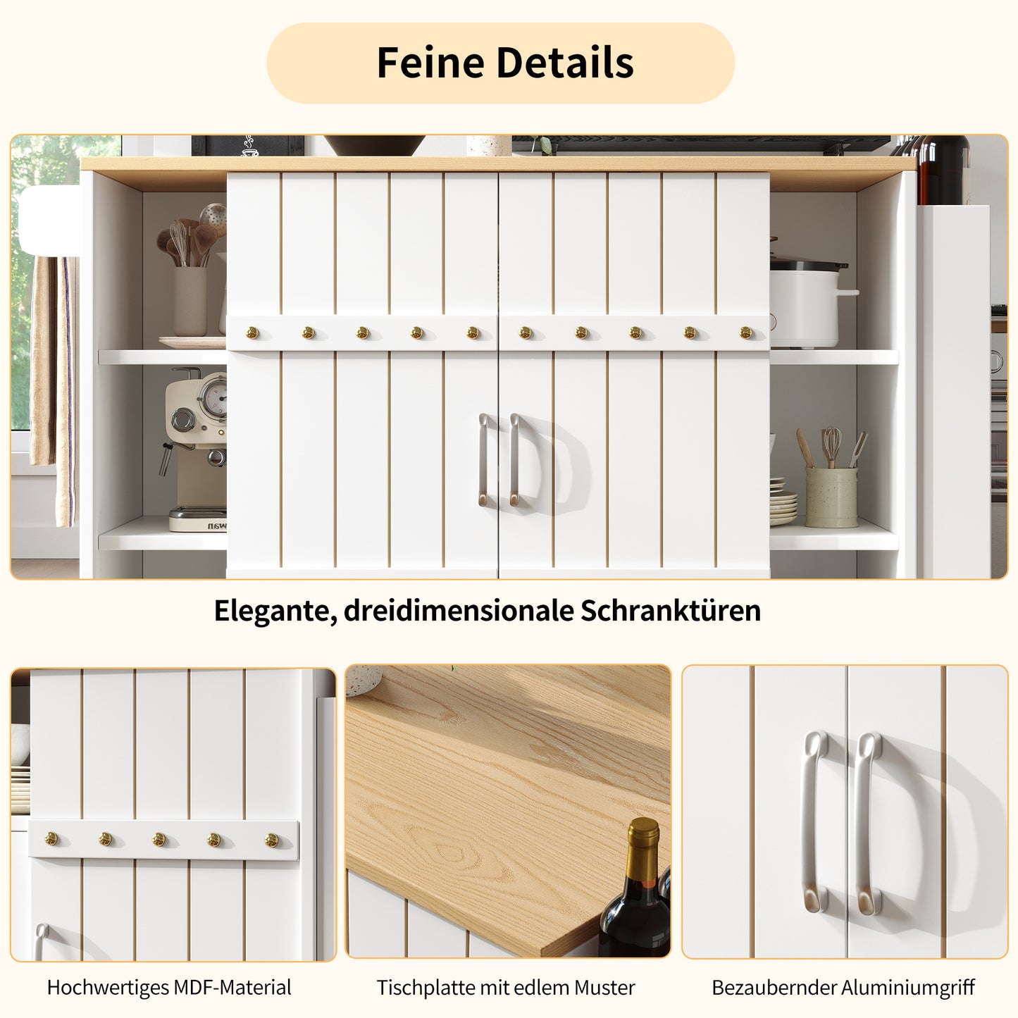 Keukenwagen – Keukentrolley – Keukenkar – Keukenmeubel – Desserte – Inklapbaar Werkblad – Schuifdeuren Met 3 Lades – Wit – 110x42x90 cm – Houtlook MDF 