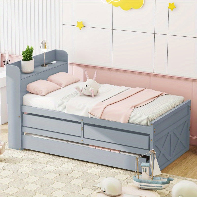 Bedframe – Eenpersoonsbed – Slaapbank – Opbergbed – Studentenbed – Compact Formaat 90x190 cm – Uittrekbare Lade & Ingebouwd Nachtkastje – Modern Kunststof Zonder Hout