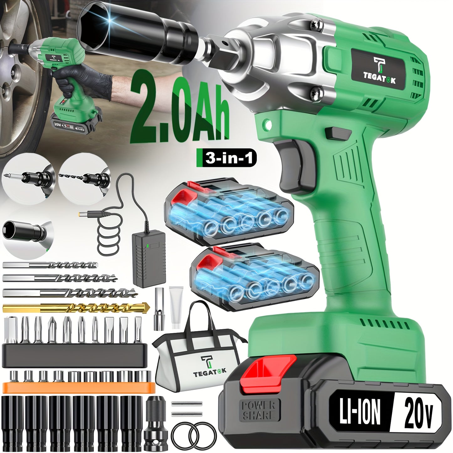 Accuboormachine – Slagschroevendraaier – Impact Schroevendraaier – Elektrische Momentsleutel – Draadloze Momentsleutel – 20V Brushless Motor – Snellader + Steeksleutelset & Tas