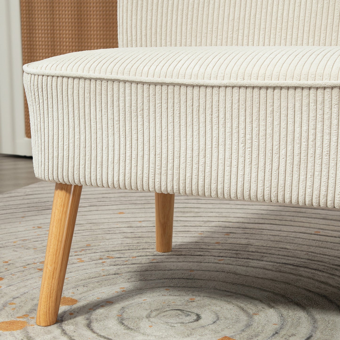 2-zits bank – tweezits sofa – loveseat – zitbank – kleine bank – zonder armleuningen – crème wit – gestoffeerd met cord stof – compacte loungebank – houten poten – 117x56,5x77 cm