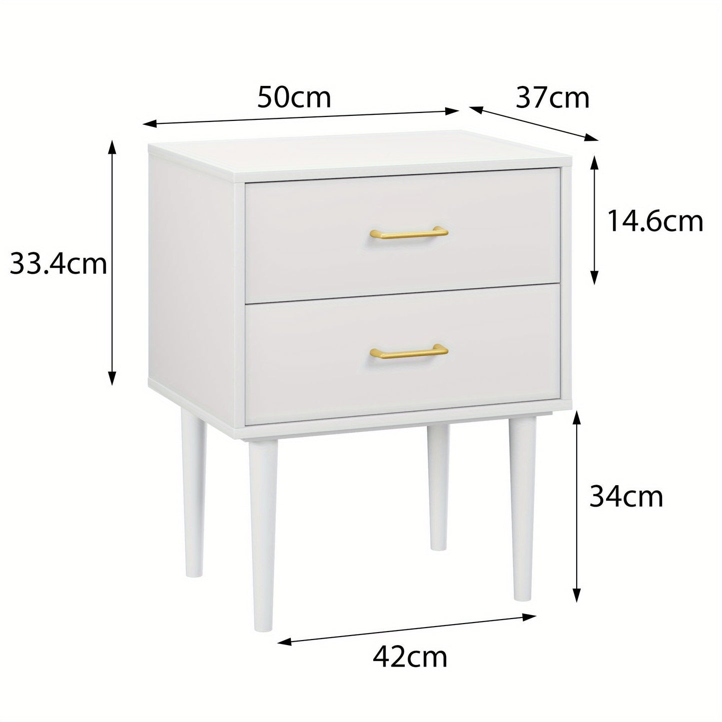 Nachtkastje – Ladekast – Bijzettafel – Nachtkast – Opbergkast – Modern Wit – 2 Laden – Houten Poten – Gouden Handgrepen