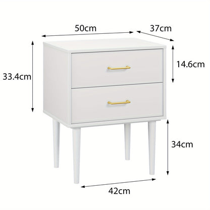 Nachtkastje – Ladekast – Bijzettafel – Nachtkast – Opbergkast – Modern Wit – 2 Laden – Houten Poten – Gouden Handgrepen