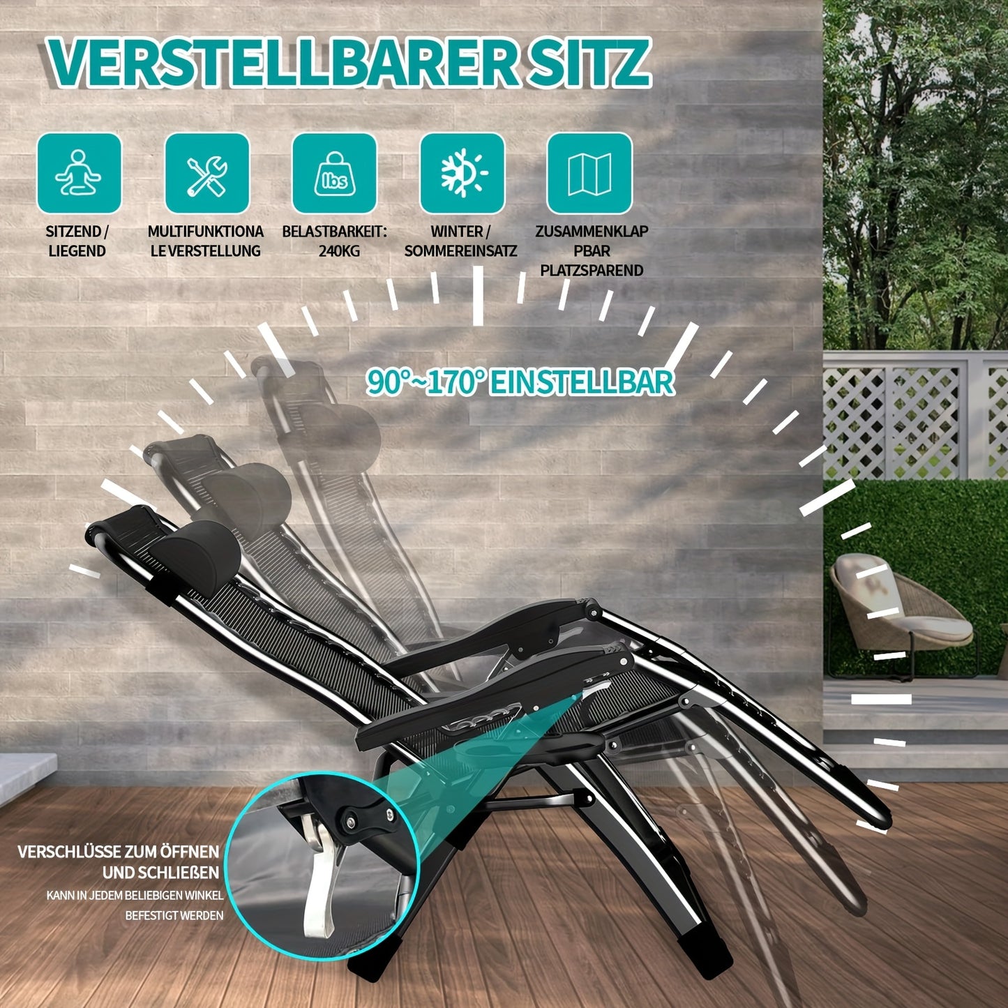 Ligbed – Zonnebed – Ligstoel – Relaxstoel – Tuinstoel – Opvouwbaar – Verstelbare Rugleuning – Stevig Carbonstaal Frame – Max. Draagvermogen 240 kg
