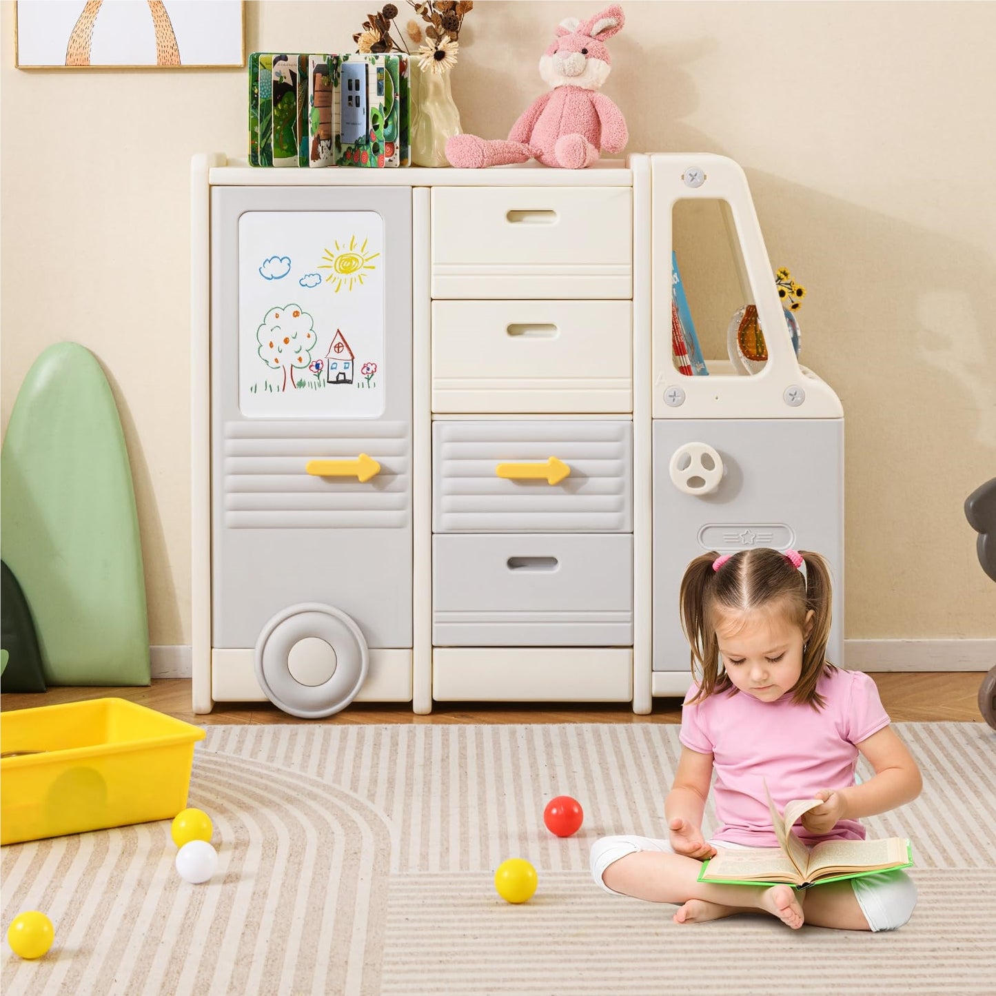 Speelgoedrek Bus – Kindershelf – Opbergkast – Kinderboekenrek – Speelgoedkast – Met Whiteboard – 111 x 34 x 94 cm – Veilig HDPE & PP Materiaal