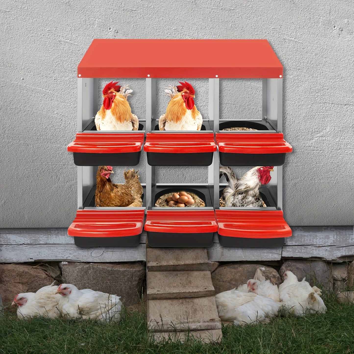 6-Compartment Heavy-Duty Plastic Chicken Nesting Box with Ventilation System & Egg Collection - Red Outdoor/Indoor Egg Laying Station, Easy-Clean Design, No Batteries/Electricity, Durable Weatherproof Construction for Backyar