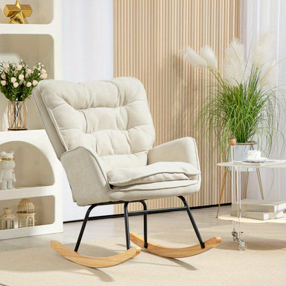 Schommelstoel – Relaxstoel – Fauteuil – Draaifauteuil – Loungestoel – Beige Chenille Stof – Draaibaar met Schommelfunctie – Maximaal Draagvermogen 120 kg