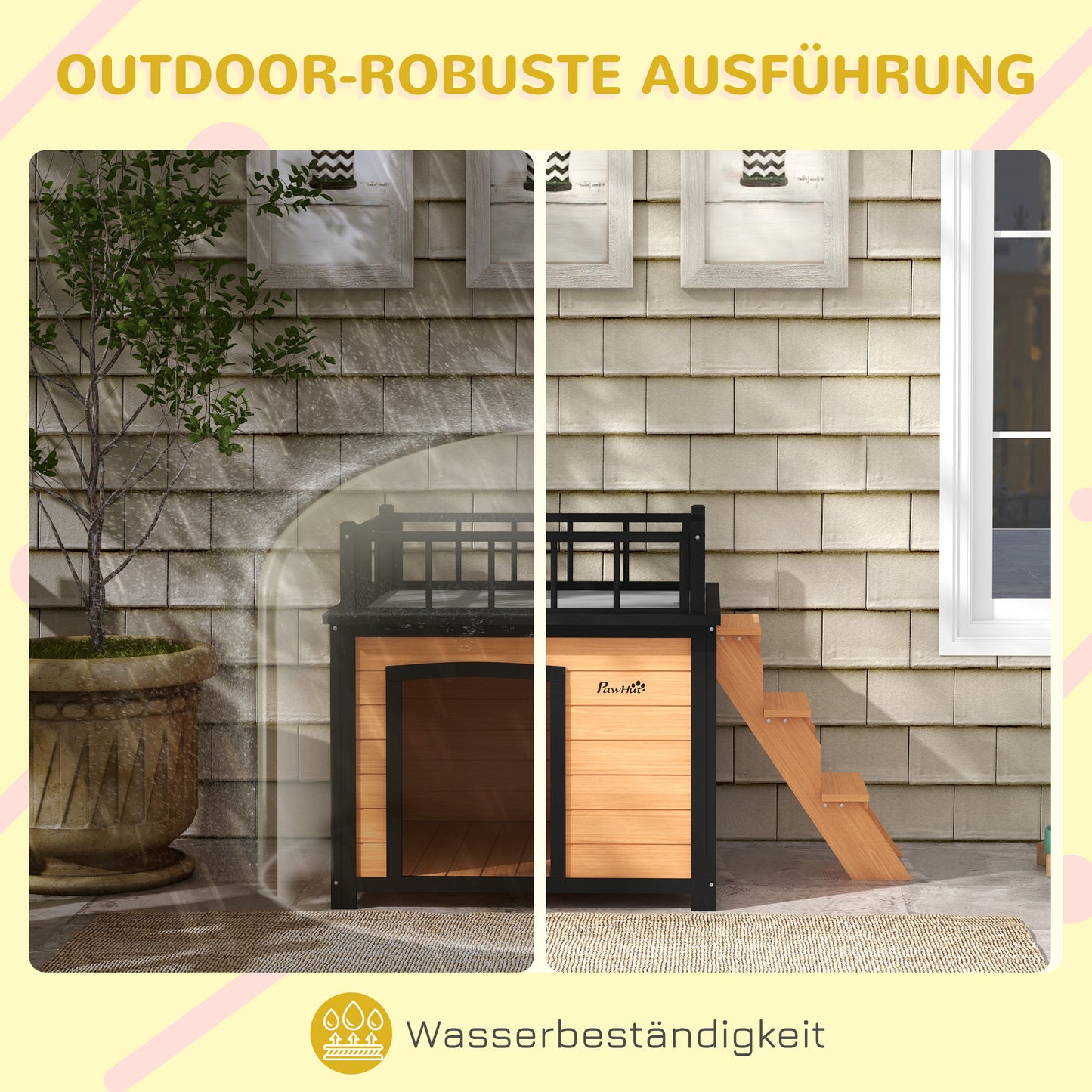 Hondenhok – Hondenhuis – Hondenkennel – Buitenhok – Hondenverblijf – Weerbestendig Hout – Met Dakterras 121x77x78 cm – Zwart/Geel