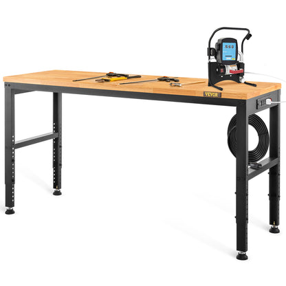 Werkbank – Werktafel – Klusbank – Werkplek – Verstelbare Hoogte – Massief Houten Blad 48"x20" – Stopcontacten en USB Poorten